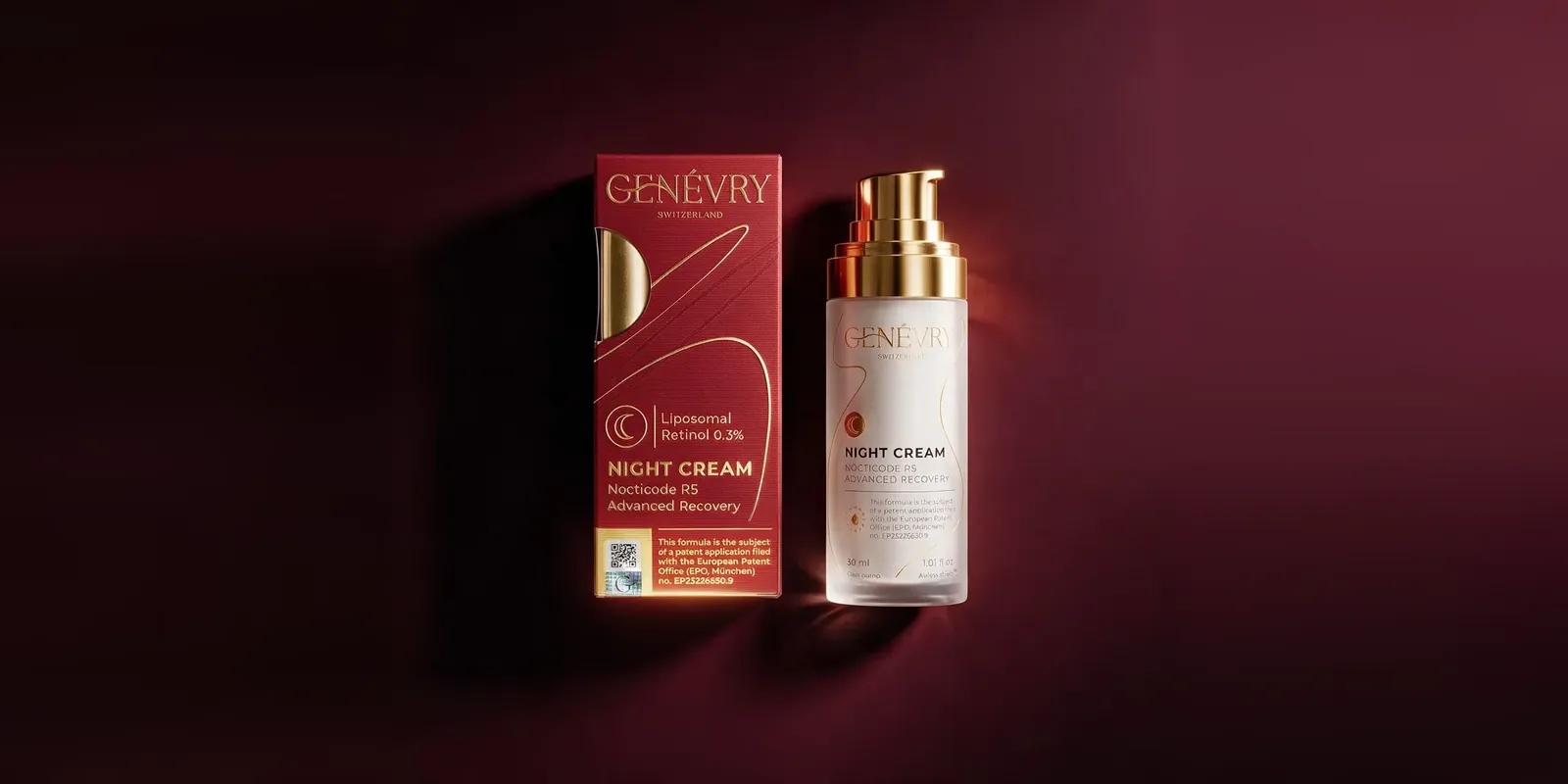 GENÉVRY Nocticode R5 retinol night cream on crimson velvet