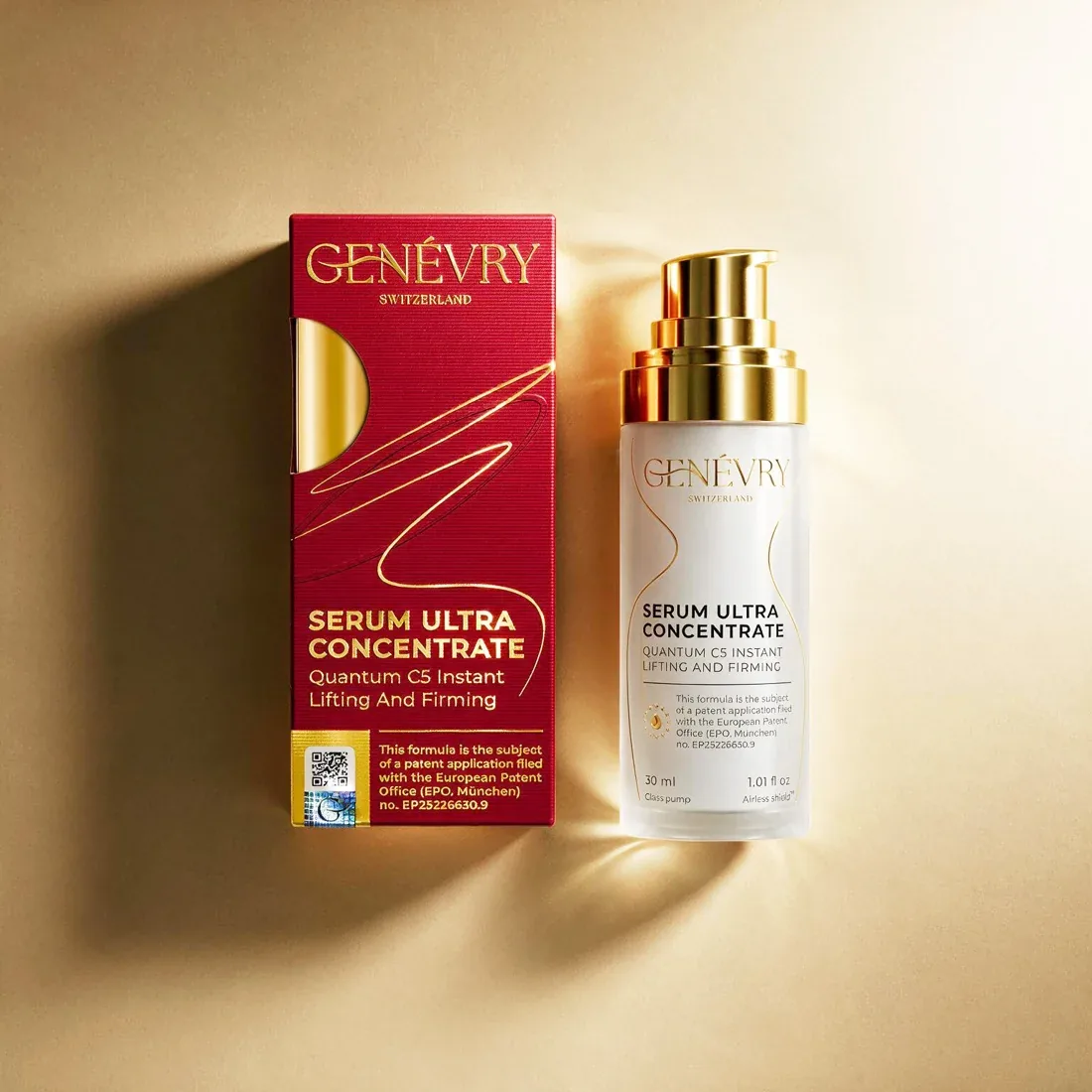 GENÉVRY Quantum C5 copper peptide vitamin C serum, frosted glass bottle with gold pump