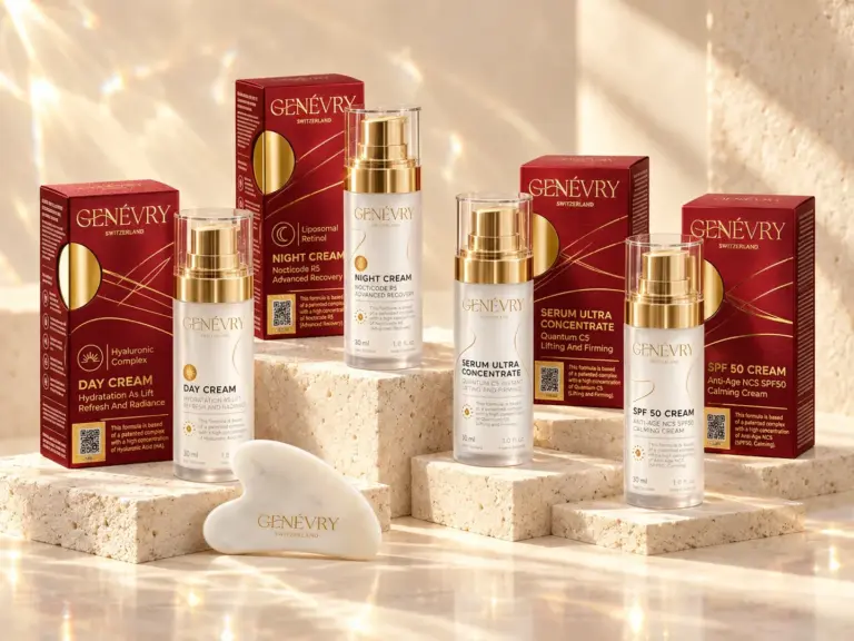 Orden de aplicación de cosméticos: sérum, crema de día, SPF 50 y crema de noche GENÉVRY con luz de la mañana