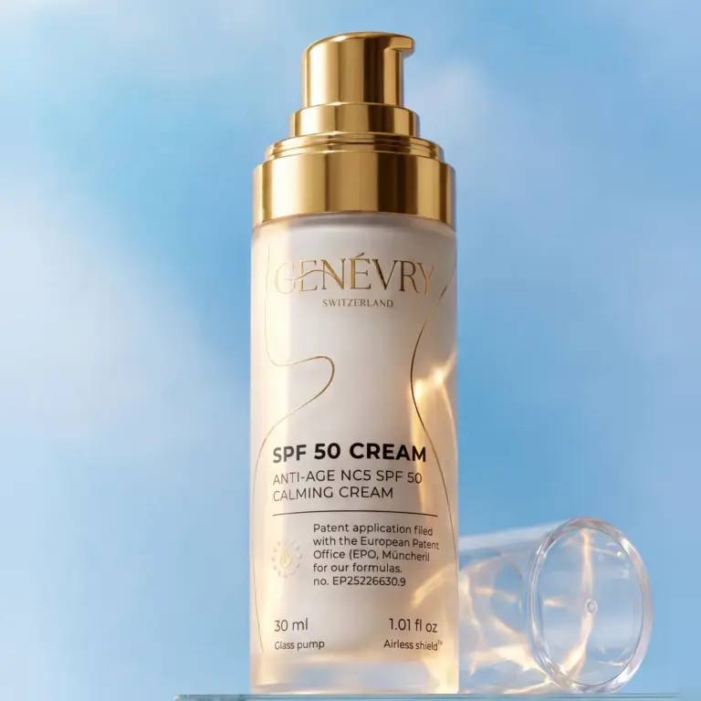 Protector solar a diario — crema GENÉVRY Anti-Age NC5 SPF 50 sobre un cielo azul