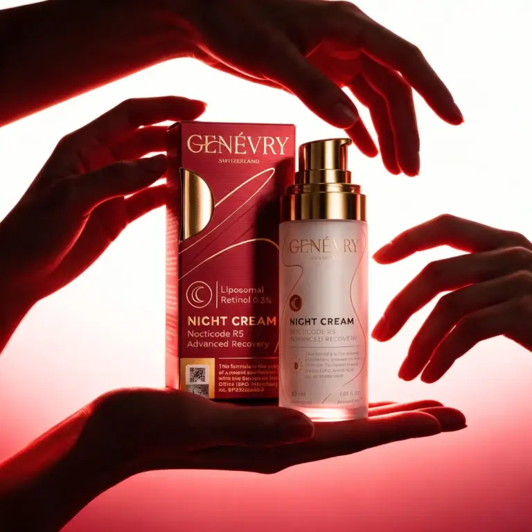 Rutina antiedad de noche — crema de noche GENÉVRY Nocticode R5 entre las manos