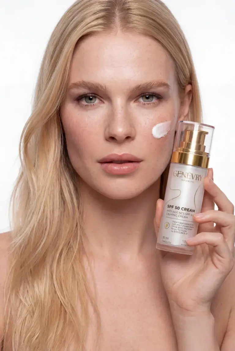 Teint terne et éclat — visage lumineux avec la crème GENÉVRY Anti-Age NC5 SPF 50 à la main et une touche de crème sur la pommette