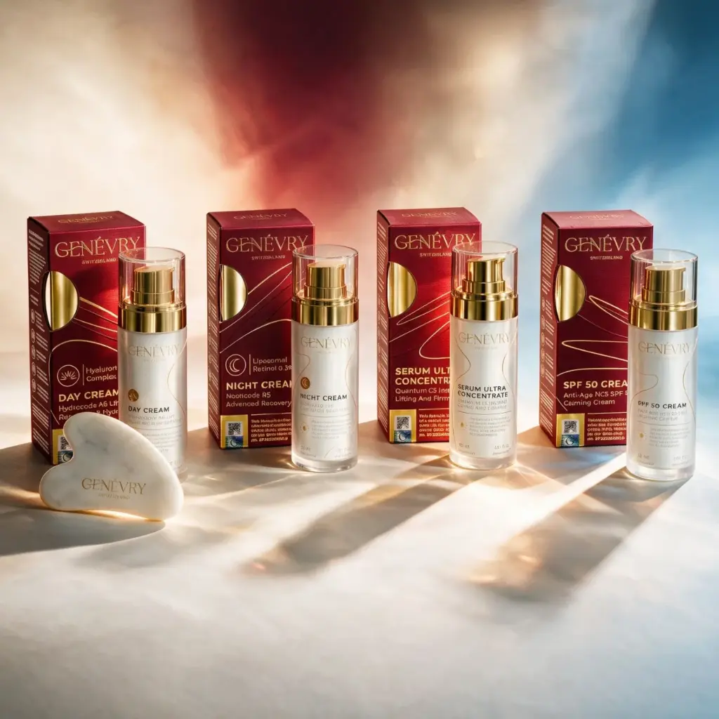 Cosmetica svizzera — quattro prodotti GENÉVRY con le confezioni e la pietra gua sha